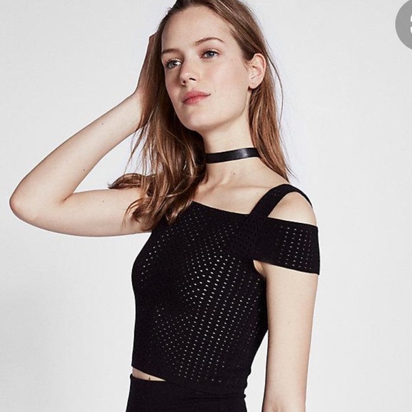 Express Eyelet Mixes Mesh Cold Shoulder Crop Top - Picture 1 of 8